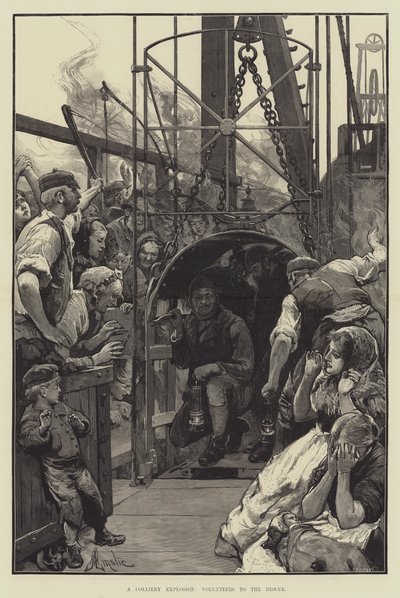Een mijnexplosie, vrijwilligers te hulp door Alfred Edward Emslie